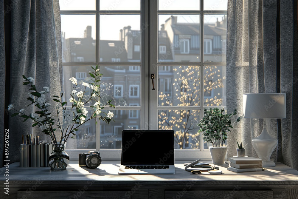 Poster a bright workspace with a window view and a laptop open on a wooden desk
