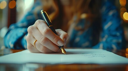 Hand writing with pen, blue sleeve, white paper, document signing, close-up, professional setting, office desk, shallow depth of field, crisp focus on hand and pen.