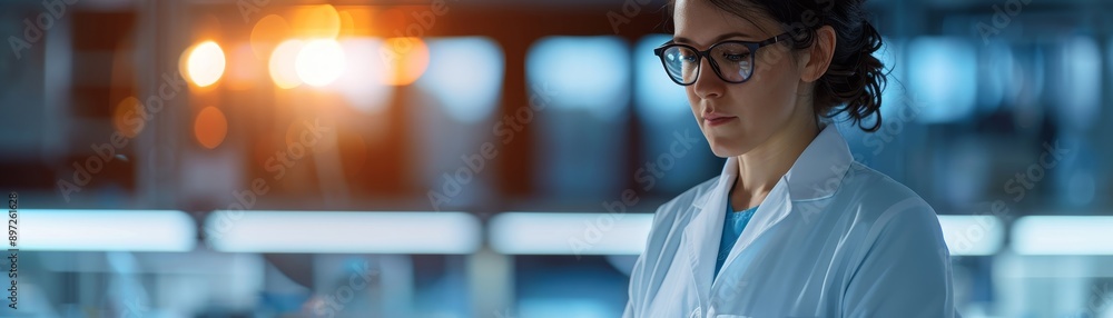 Poster focused female scientist in lab coat working on project in laboratory with blurred background of med