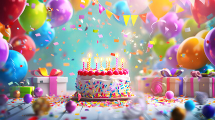 Festive Colorful Birthday Cake with Party Balloons - Birthday Concept.