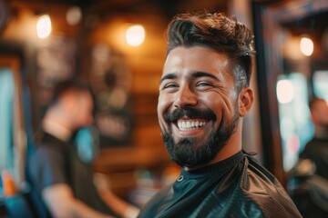 Obraz premium happy man on the barber doing haircut and beard trim