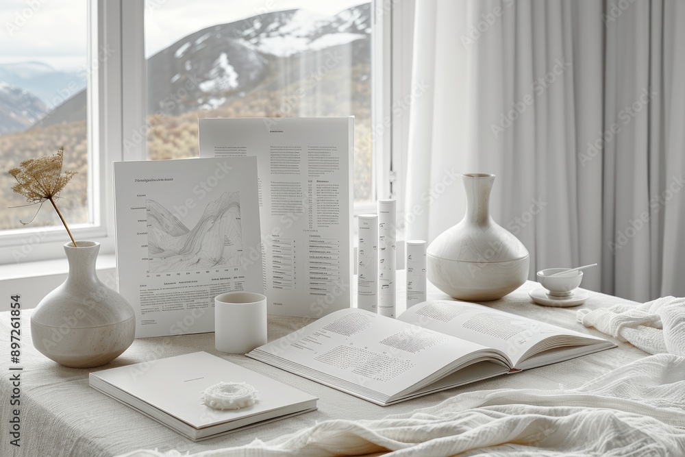 Aufkleber a minimalist white aesthetic with a view of snowcapped mountains and a book open on a linen table cl
