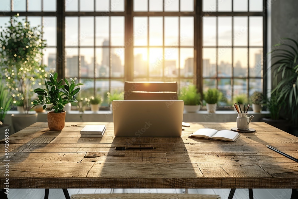 Poster a wooden desk with a laptop notebook and pencils situated in front of a window with a cityscape view