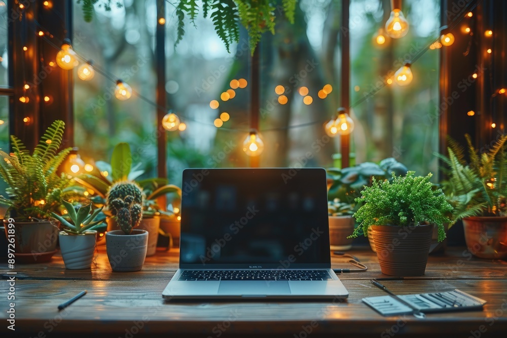 Poster a laptop sits on a wooden table with a window in the background surrounded by potted plants and stri