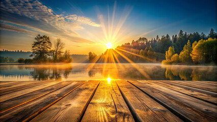 A serene sunrise bathes a misty lake in golden light, highlighting the shore and trees. A wooden dock extends into the water, offering a peaceful spot to savor the early morning calm