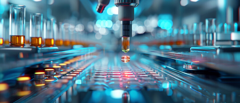 Automated Precision: A robotic arm carefully dispenses liquid into test tubes on a sterile, illuminated production line, showcasing the precision and automation of modern manufacturing. 