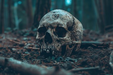 human skull on forest scary background