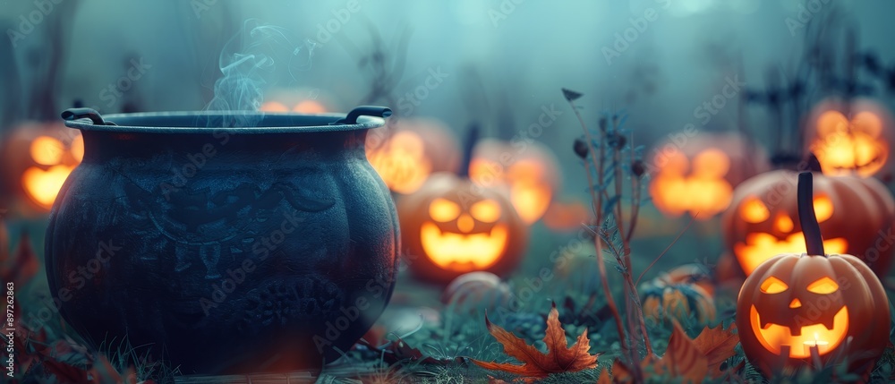 Poster enchanting halloween scene with steaming cauldron and jack-o'-lanterns in misty forest.