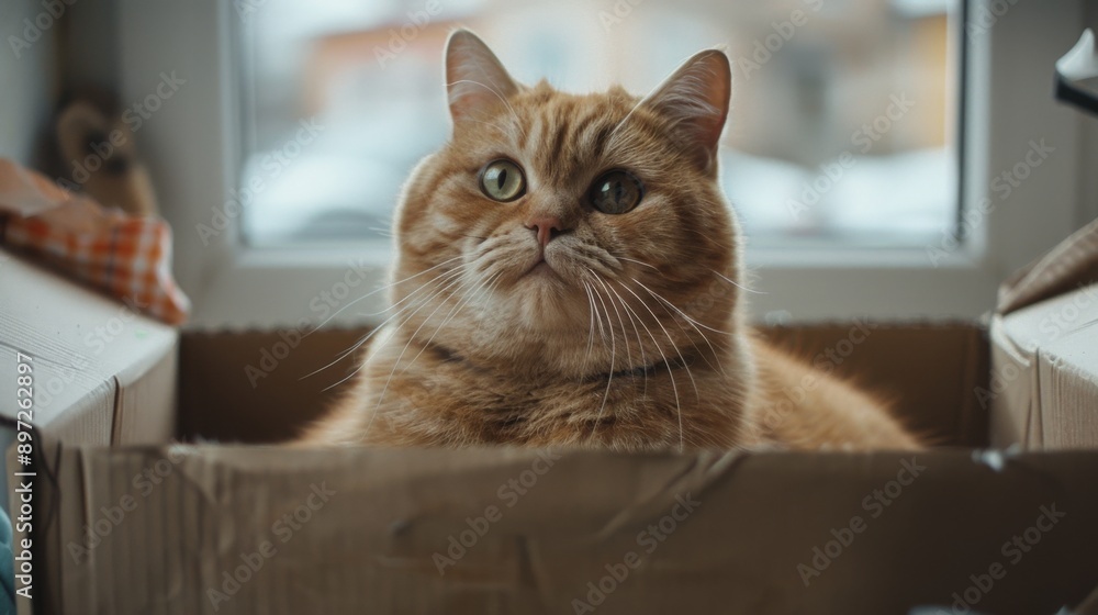 Poster an endearing shot of a fat cat sitting in a large box, with only its head and belly visible.