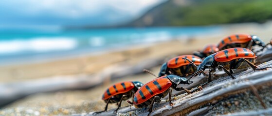 red and black beetles on driftwood branch with beach and ocean background - tropical insect macro photography.