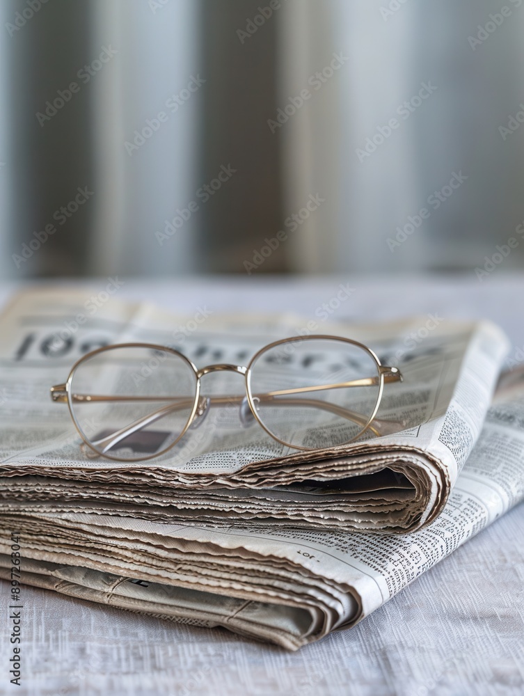 Aufkleber A pair of eyeglasses lies on a stack of folded newspaper on a minimalist background. Generative AI