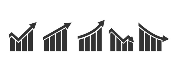 Up and down graph chart vector icon set. growth increase and decrease sign. economy rise and decline symbol. upward or downward trend bar chart icon