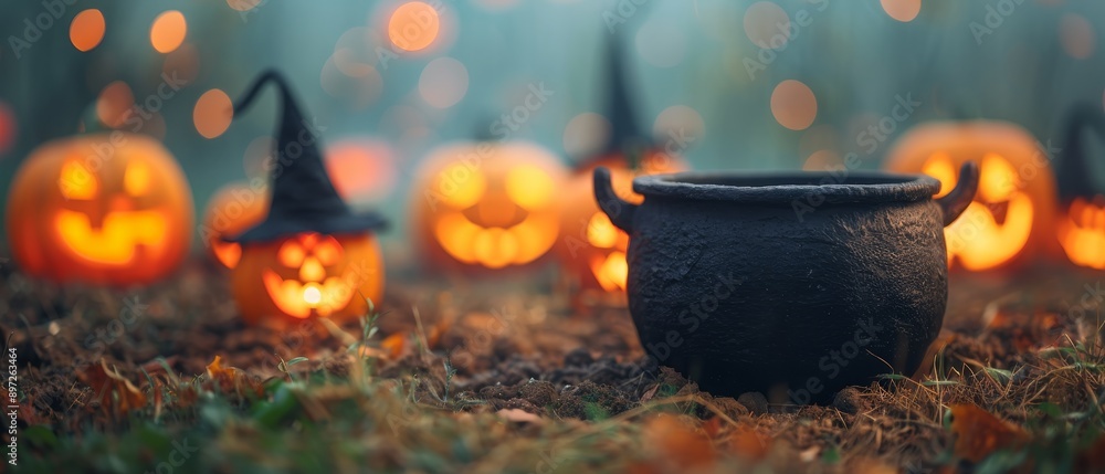 Poster enchanting halloween scene with a black cauldron and jack-o-lanterns in a mysterious forest setting 
