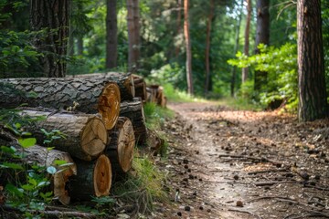Fototapeta premium landscape in nature with path and tree trunk logs. woodpile and deforestation
