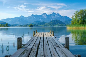 landscape with wooden pier or jetty on lake with mountains