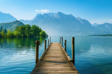landscape with wooden pier or jetty on lake with mountains
