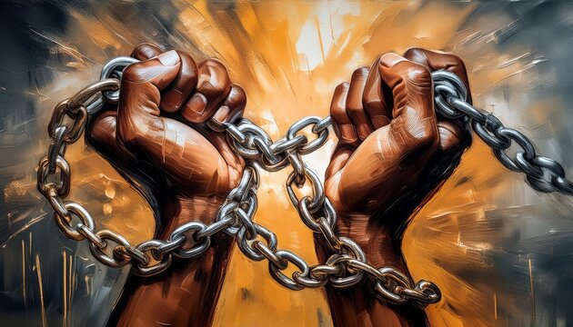 Abstract oil painting of hands breaking chains, symbolizing liberation and justice
