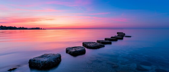 tranquil sunset seascape with stepping stones leading to the horizon - peaceful nature photography.