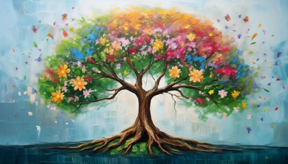 Celebration of growth: An oil painting of a tree flourishing with lush green leaves and colorful flowers, symbolizing personal and professional development