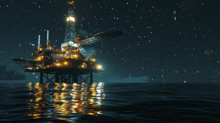 Obraz premium An oil rig at night, illuminated by lights, with stars visible in the background.