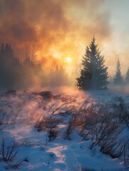 Fototapeta premium Contrasting Elements: Winter Wildfire and Smoke