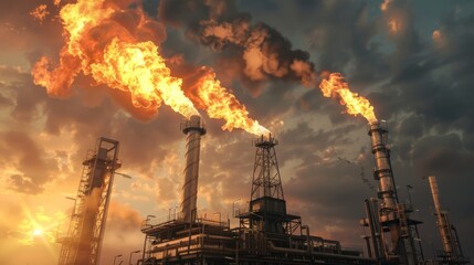 Obraz premium An oil rig with flare stacks burning, releasing gases safely