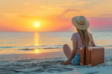 lonely back view woman with hat and with luggage sitting on beach sand. summer sun set vacation