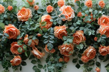 A vibrant garland of delicate peach roses and lush green leaves creates a picturesque scene