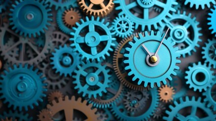 abstract blue and gold cogwheel clock mechanism - time management and efficiency concept