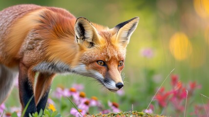 Fototapeta premium red fox in a field of wildflowers - closeup portrait of a curious fox with alert expression.
