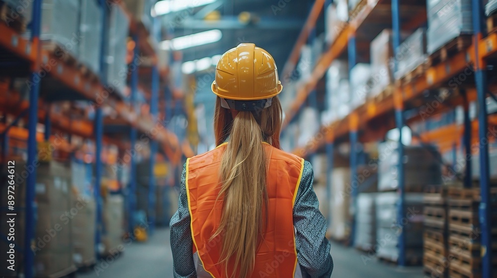 Canvas Prints Woman, logistics and inspection of warehouse distribution safety, quality control and manufacturing development. Person back, engineer and helmet at plant site, inventory freight and cargo process