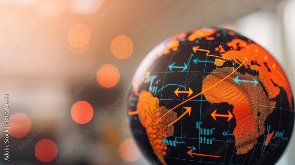 Poster global interconnectedness orange arrows on a globe with a blurry background of warm lights.