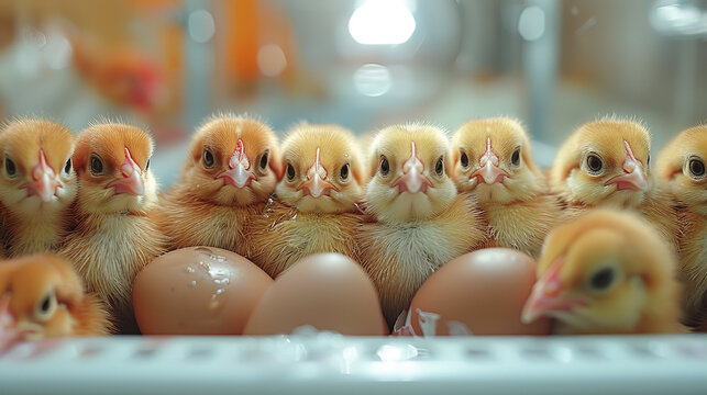 Group of cute baby chickens are huddled together in an incubator, some with pieces of eggshell still clinging to their downy feathers