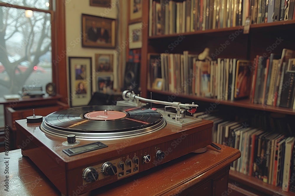 Poster a vintage record player sits on a wooden table in front of a bookshelf filled with books