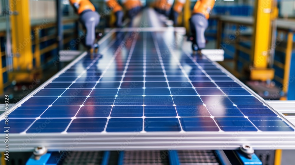 Poster automated solar panel manufacturing process - robotic arms assembling solar panels in a factory sett