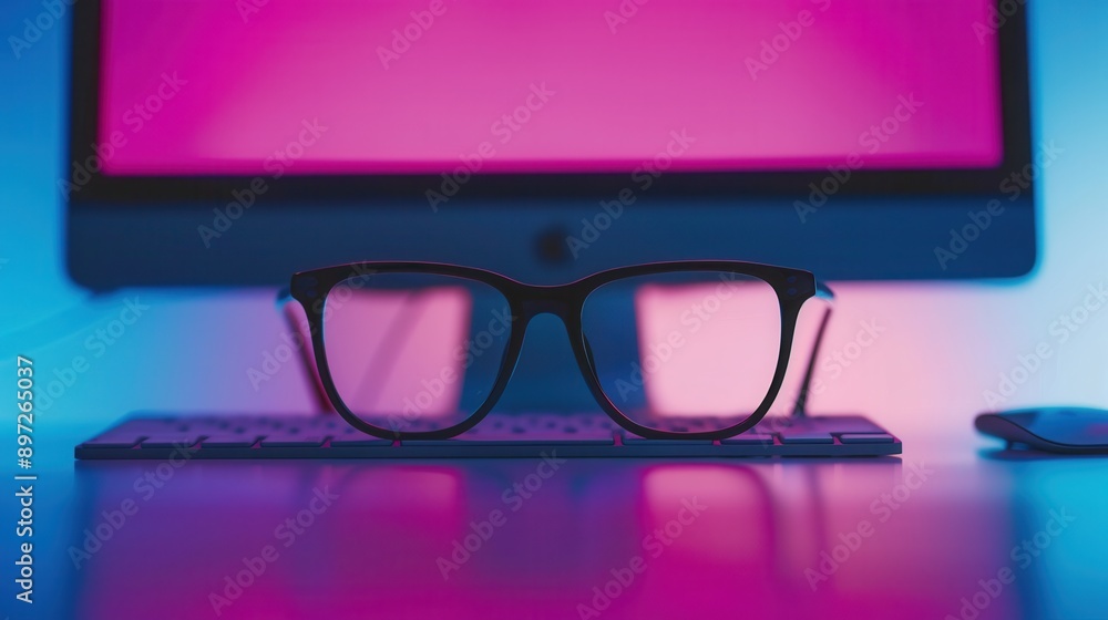 Poster a pair of black eyeglasses sits on a keyboard in front of a computer monitor with a pink and blue ba