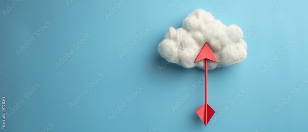 Poster cloud computing data upload concept with red arrow and white cotton cloud on blue background - abstr