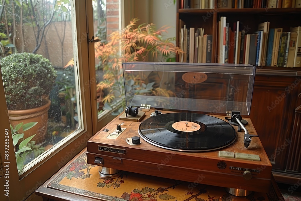 Poster a vintage record player sits on a table with a blurred view of a window and bookshelves in the backg