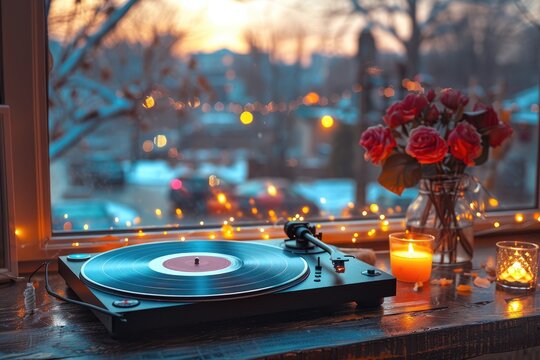 A vintage record player spins a vinyl record on a wooden table lit by candles with a blurry window view of a sunset and cityscape