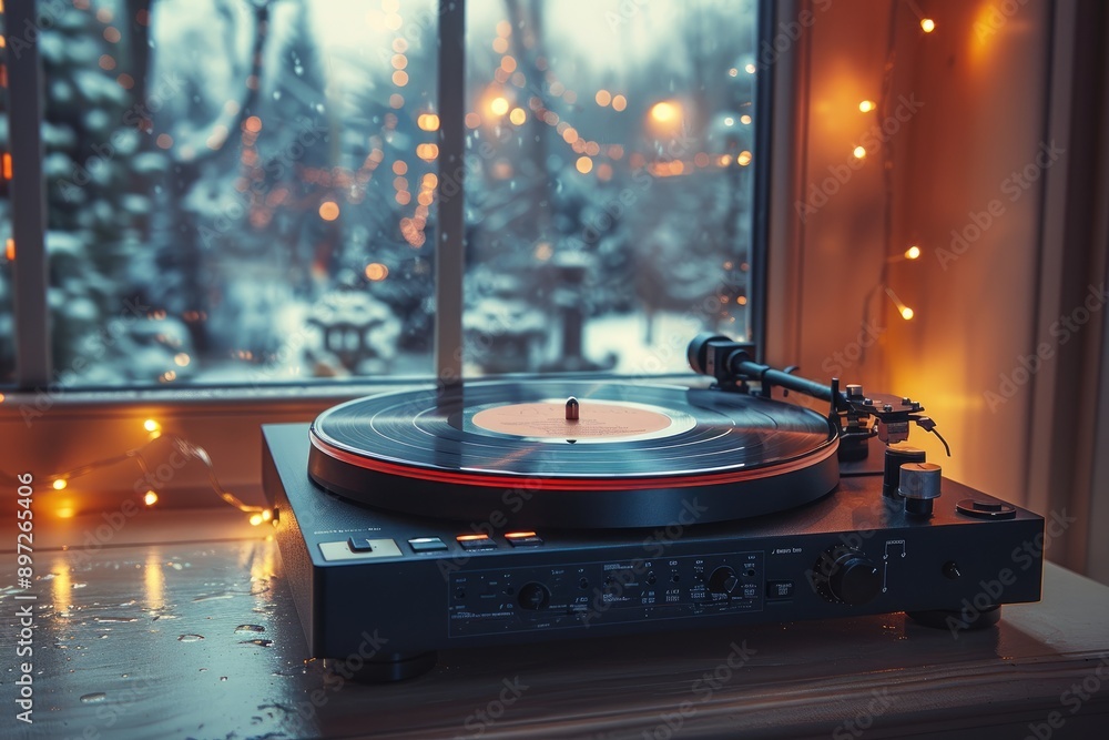 Poster a vintage record player rests on a windowsill bathed in the soft glow of string lights overlooking a