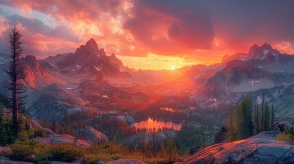Fototapeta premium Majestic Mountain Sunset Landscape with Dramatic Skies and Serene Lake