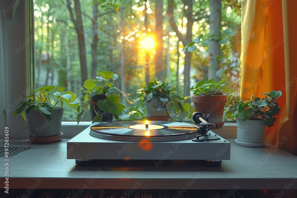 Poster a vinyl record player sits on a windowsill bathed in the warm glow of a setting sun creating a seren