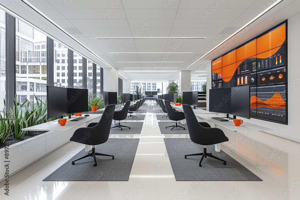 Poster a modern office space with floortoceiling windows and a large screen displaying charts and graphs