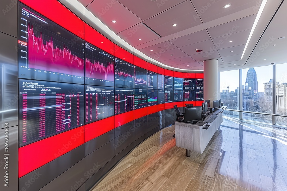 Poster a modern financial trading room with red screens displaying data and a view of the city
