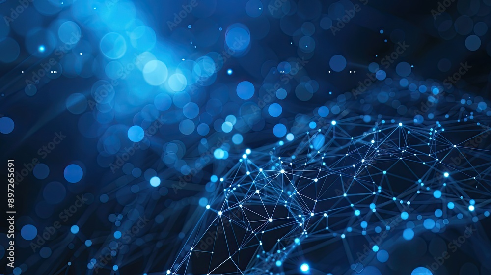Poster abstract digital network background with glowing nodes and lines on a dark blue backdrop.
