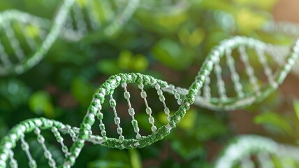 green dna double helix in a natural background, symbolizing genetic engineering and biotechnology.