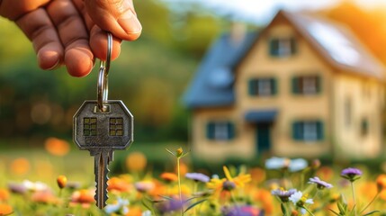 Keys to Real Estate Success: Vibrant Hands Holding House Keys with Luxurious Home in Background