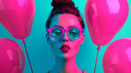 portrait of a young woman wearing pink sunglasses and surrounded by pink balloons in neon lighting, a vibrant and playful fashion editorial style image.