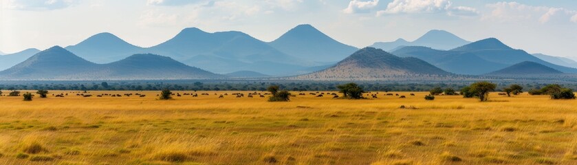 Obraz premium serene landscape with golden grassland and majestic mountain range under a cloudy sky in africa.