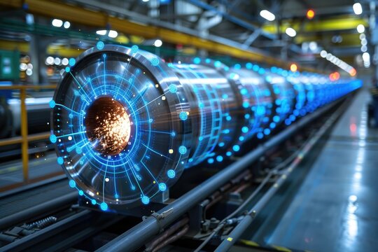 A futuristic industrial facility with a glowing blue digital interface and a metal cylinder moving on a conveyor belt - Powered by Adobe